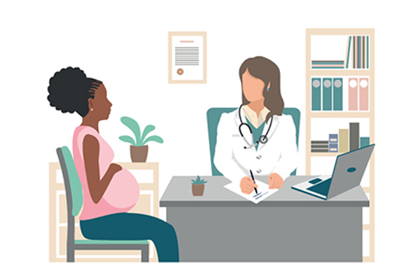 Illustration of a pregnant woman having an appointment with a dr